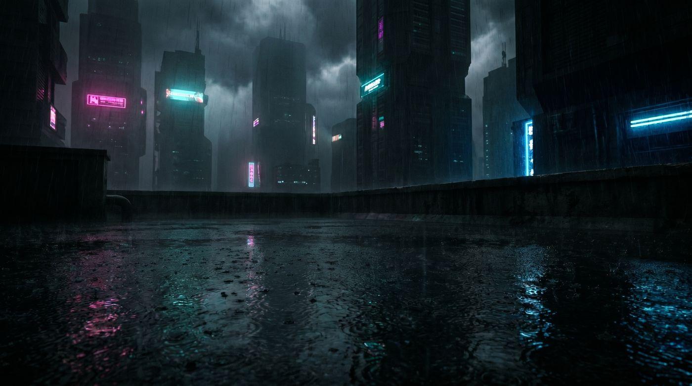 Rain-soaked rooftop overlooking a dark neon-lit dystopian city skyline.