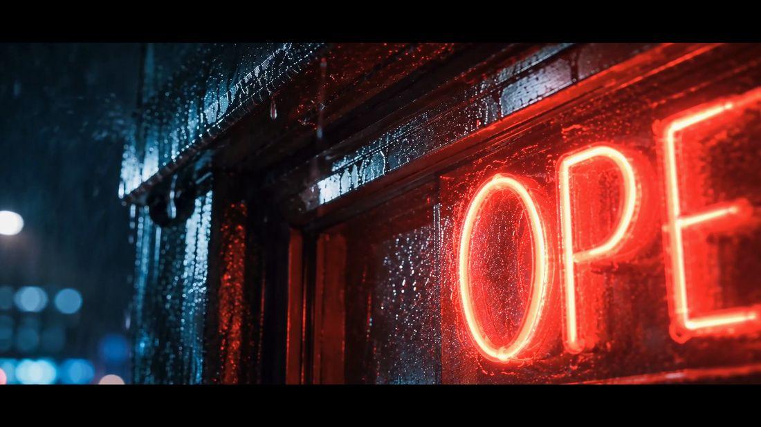 Close-up of a glowing red neon OPEN sign on a rain-streaked storefront.