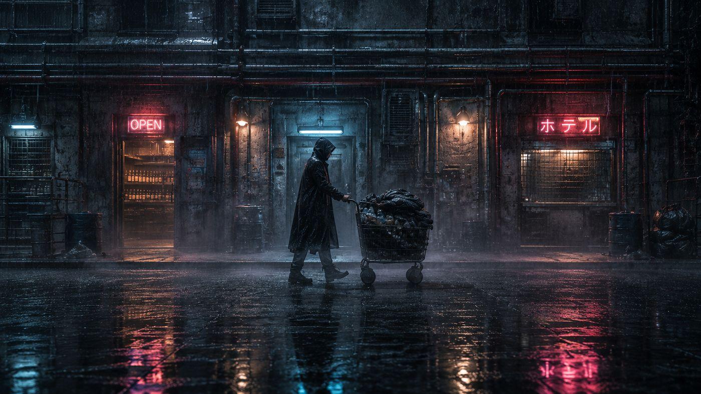 A cloaked figure pushes a cart of scavenged goods down a neon-lit alley in the rain.