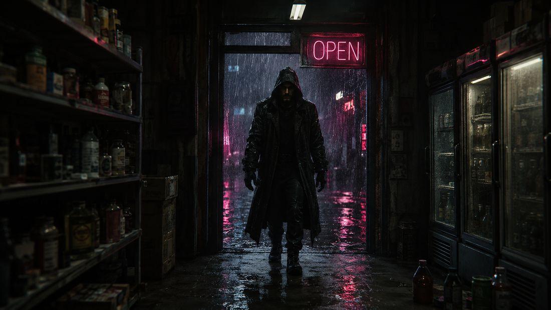 A hooded figure silhouetted in the doorway of a convenience store at night.