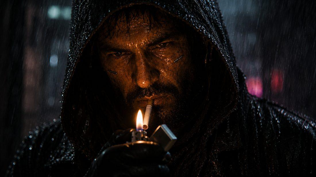 A hooded man lighting a cigarette in the rain, scars across his cheeks.
