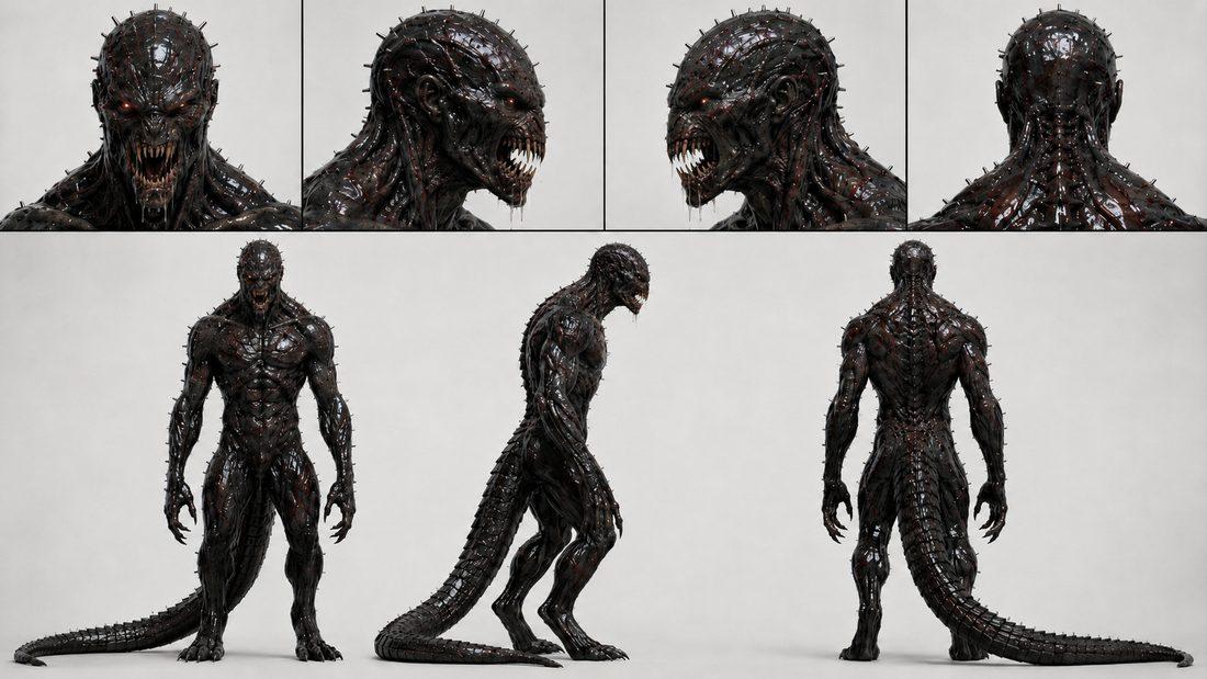 A monstrous black creature with rows of sharp teeth and a reptilian tail.