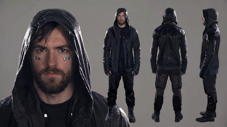 Character turnaround concept art of the hooded protagonist.