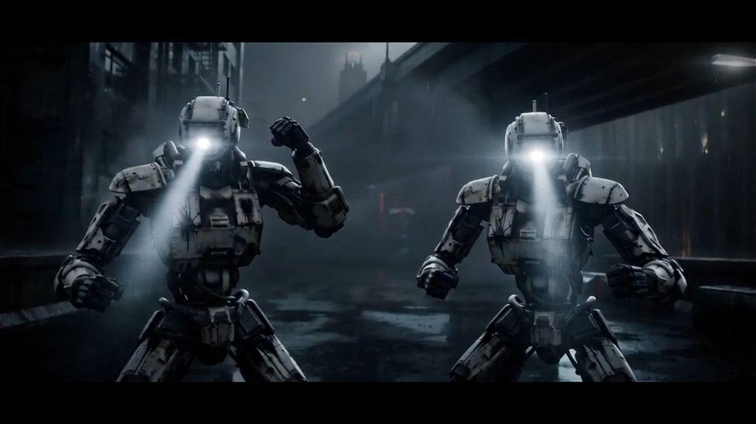 Two armored robotic figures facing off beneath an overpass in the rain.